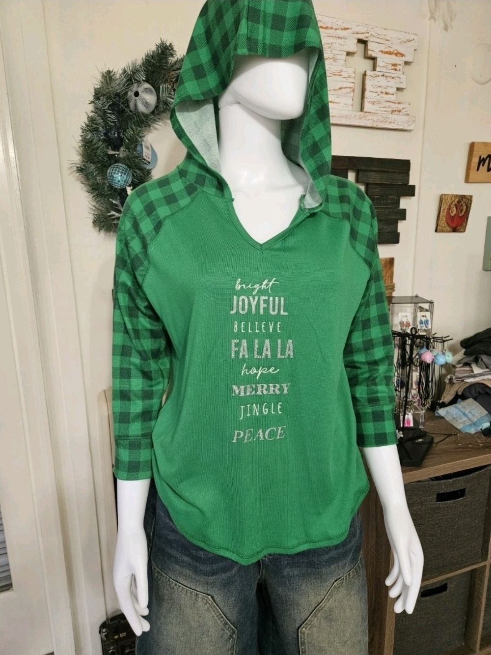 Women’s Green Plaid Hooded Holiday Top